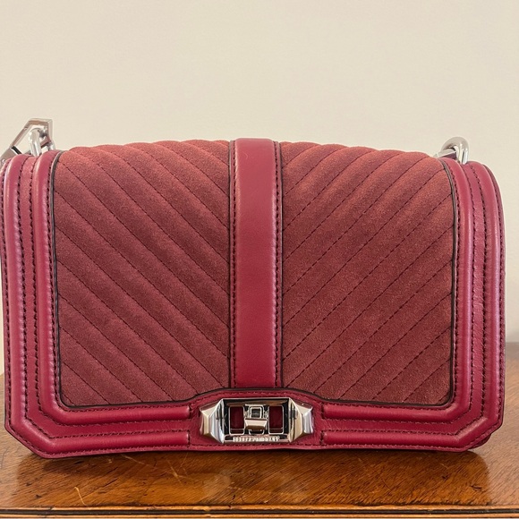 Rebecca Minkoff Chevron Quilted Love Crossbody Leather and Suede Burgundy/Silver - Picture 4 of 12
